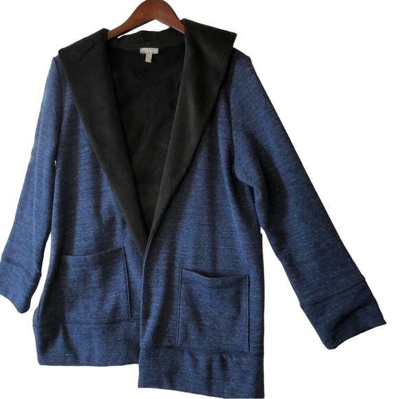 Talbot Knit Jacket Women L Blue Black Open Front Pockets Shawl Collar Lapels - Picture 1 of 8